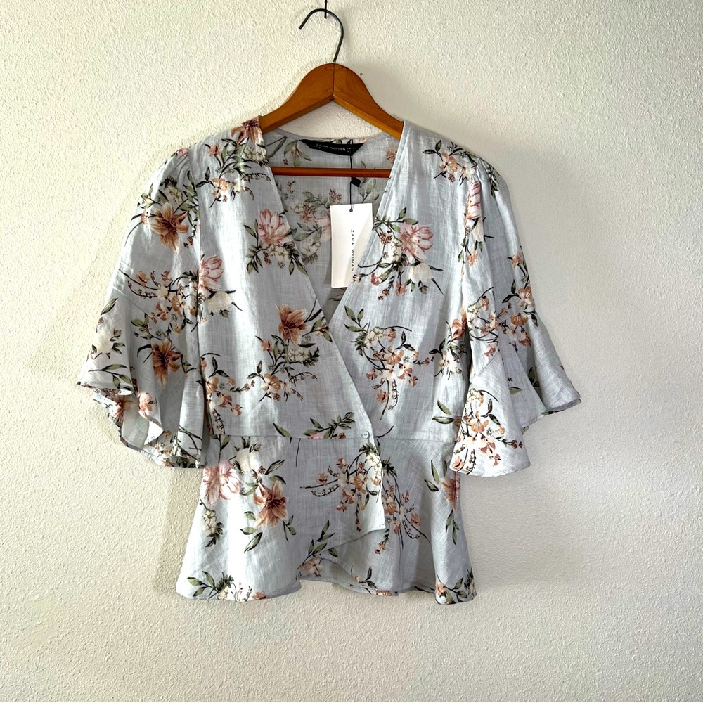 Zara Linen Top Wrap Ruffle Hem Frilly Bell Sleeves Floral Pattern Light Grey